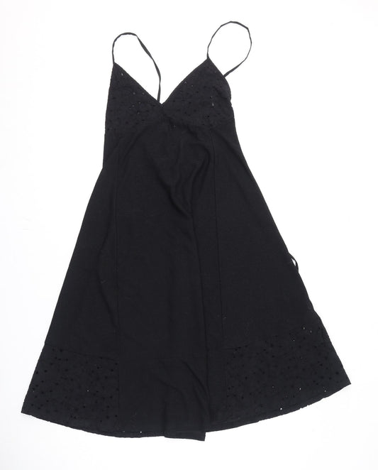 Zara Womens Black Polyester A-Line Size S V-Neck Tie - Floral Embroidery