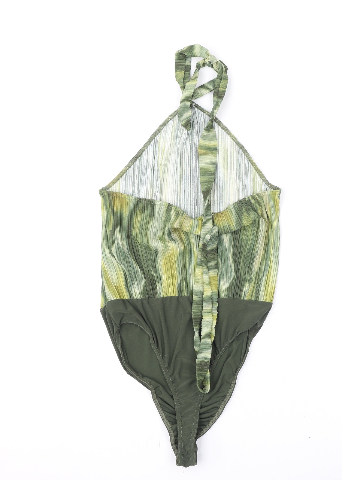 Boohoo Womens Green Geometric Polyester Bodysuit One-Piece Size 16 Snap - Tie Neck