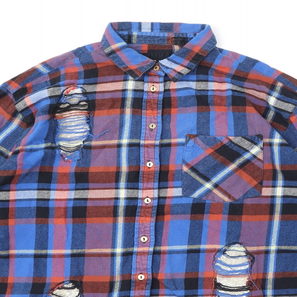 River Island Womens Multicoloured Plaid 100% Cotton Basic Button-Up Size M Collared - Sequins, Distressed Look
