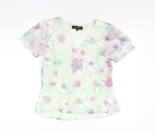Mandy Marsh Womens Green Floral Polyester Basic Blouse Size 12 V-Neck