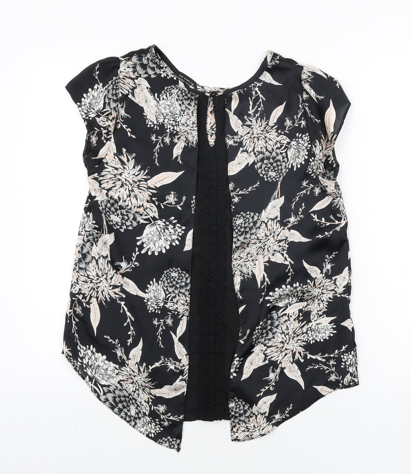 Dorothy Perkins Womens Black Floral Polyester Basic Blouse Size 12 Round Neck - Lace Detail