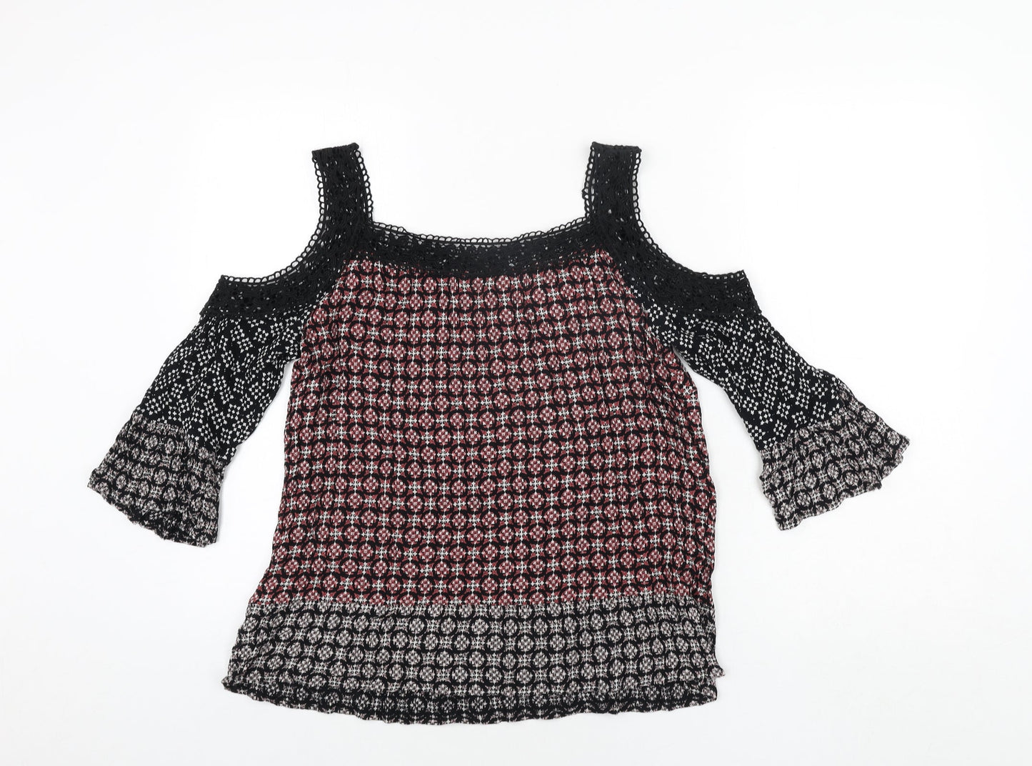 Marks and Spencer Womens Multicoloured Geometric Viscose Basic Blouse Size 12 Scoop Neck - Lace Trim Cold Shoulder