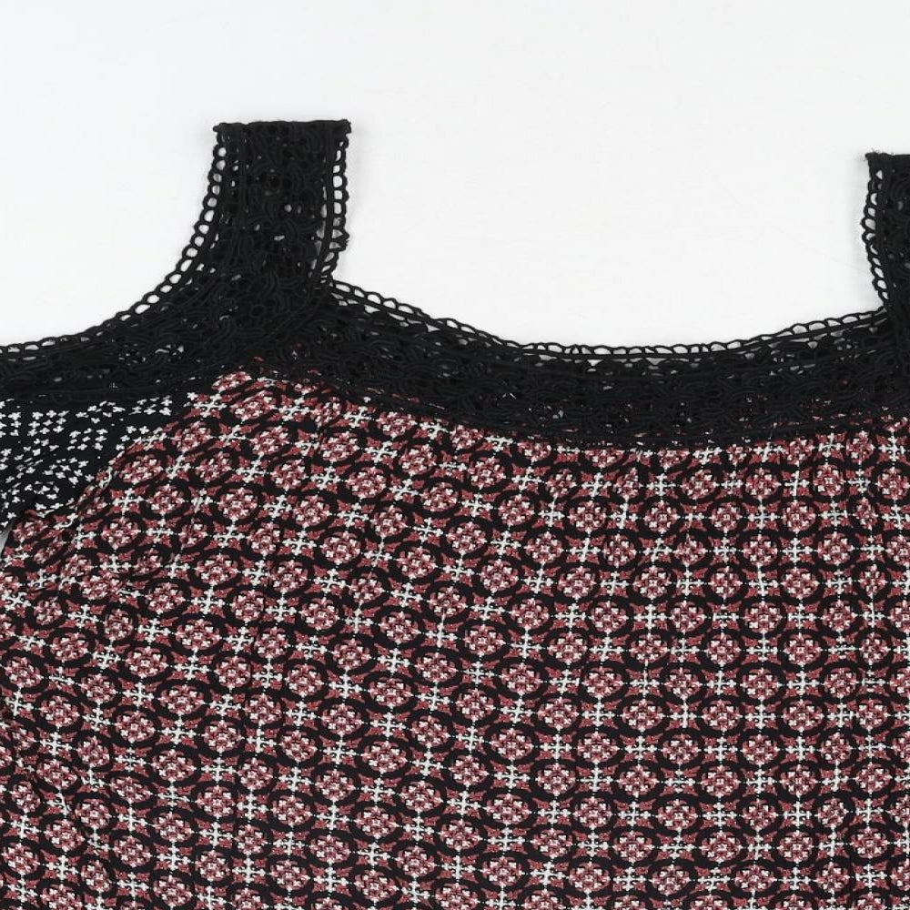 Marks and Spencer Womens Multicoloured Geometric Viscose Basic Blouse Size 12 Scoop Neck - Lace Trim Cold Shoulder