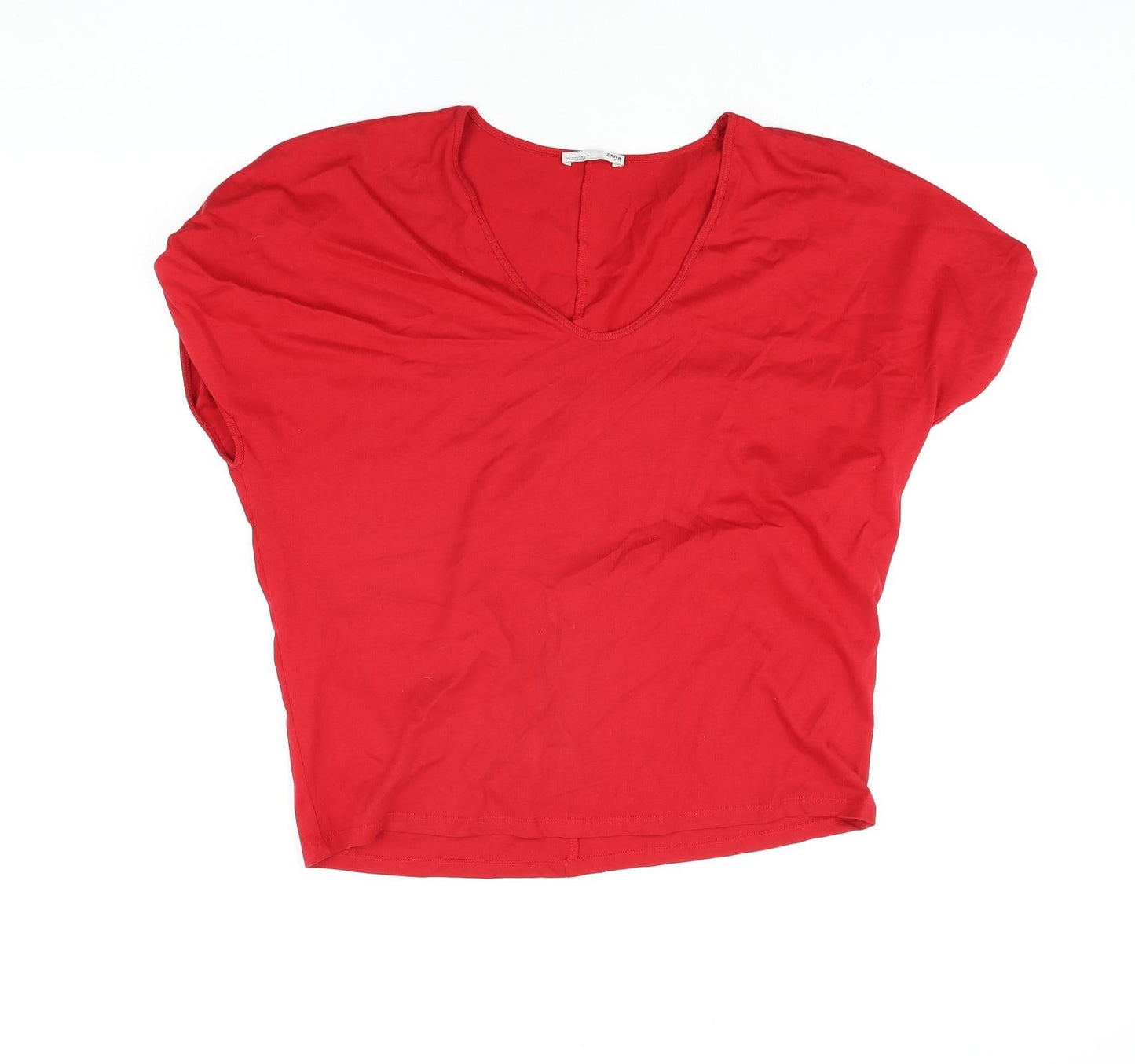 Zara Womens Red Polyester Basic T-Shirt Size M V-Neck