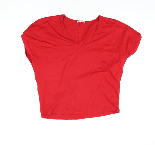 Zara Womens Red Polyester Basic T-Shirt Size M V-Neck