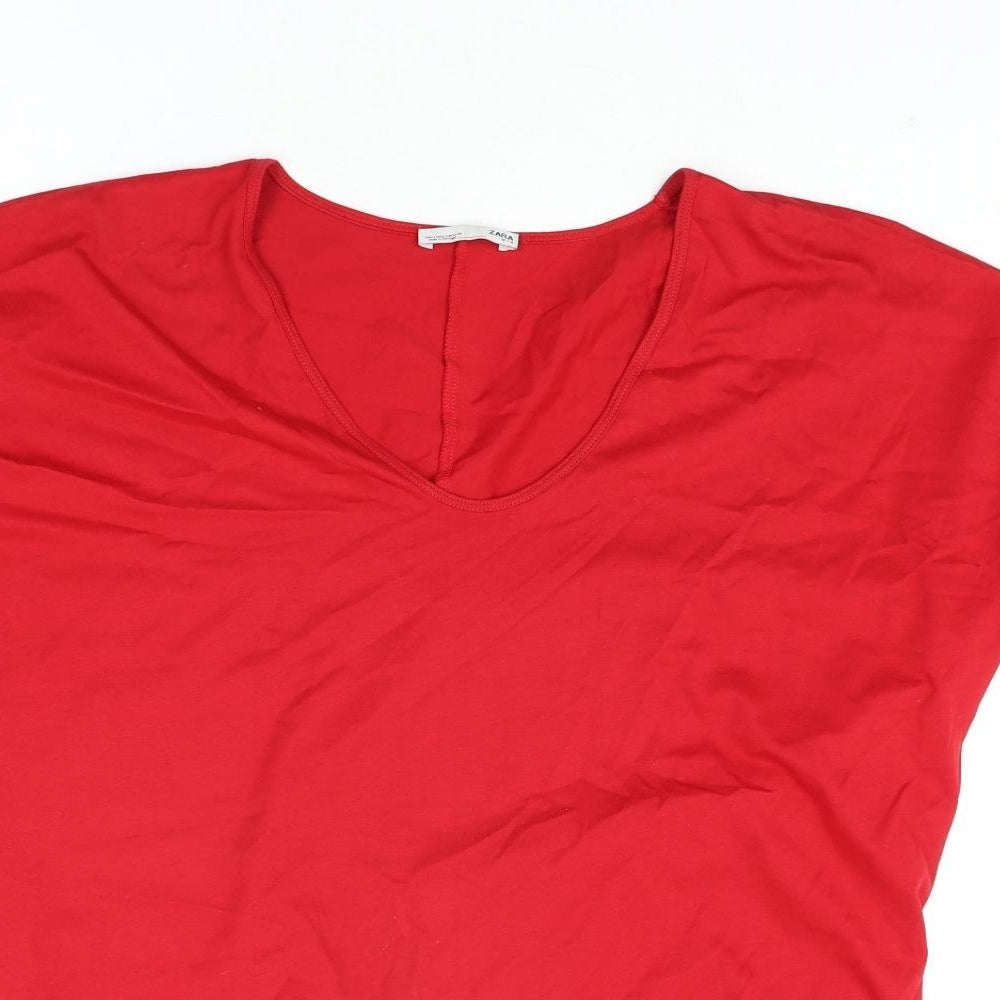Zara Womens Red Polyester Basic T-Shirt Size M V-Neck