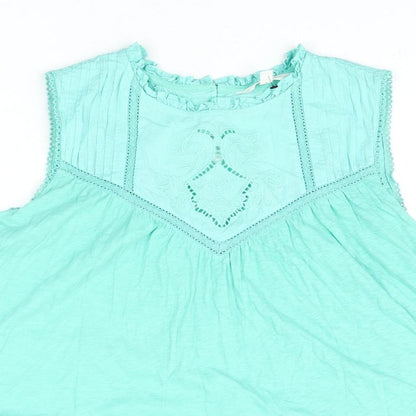 Per Una Womens Green Cotton Basic Blouse Size 12 Round Neck - Embroidered Frill