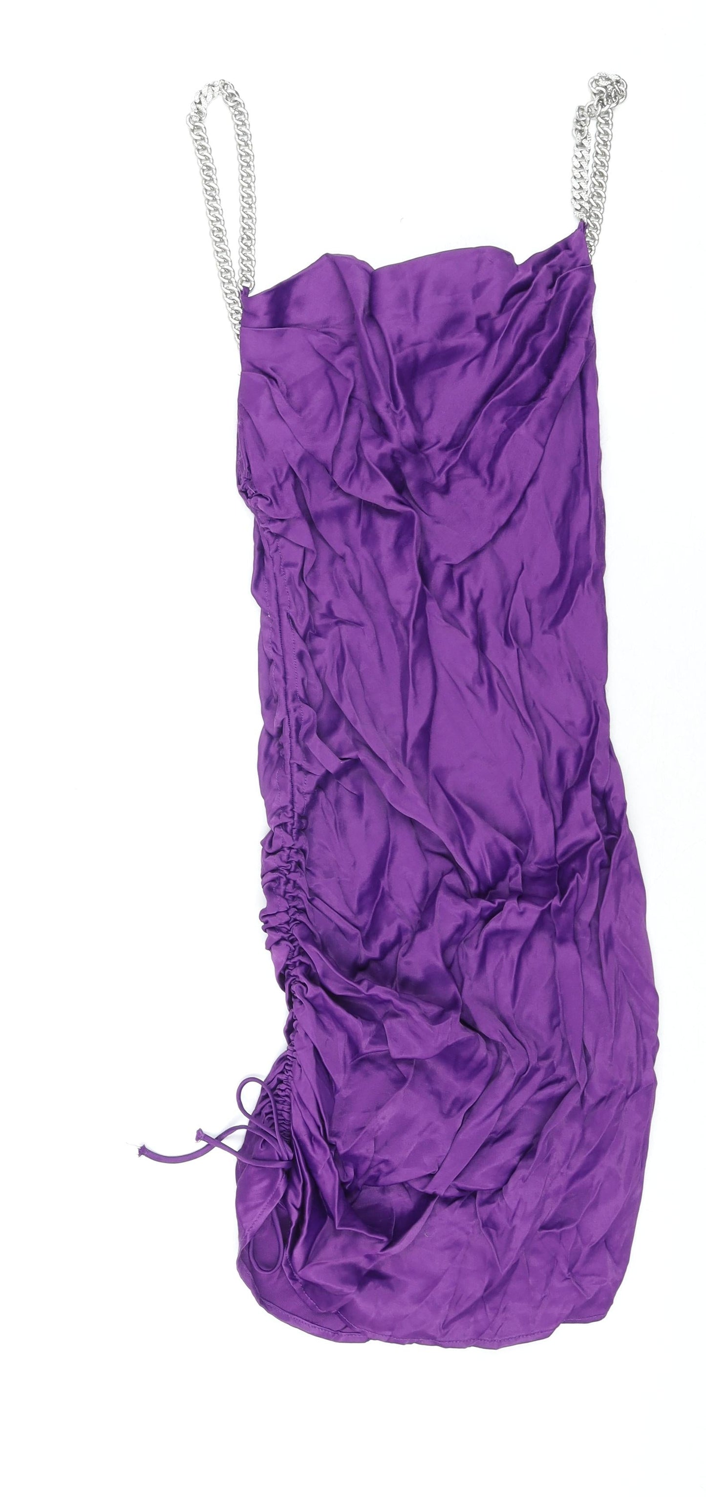 Zara Womens Purple Viscose Slip Dress Size S Cowl Neck Pullover - Drawstring Detail Chain Straps