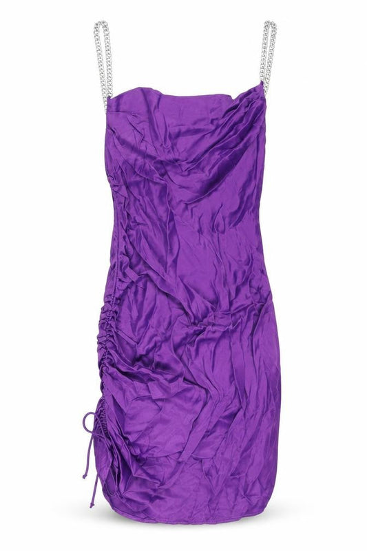 Zara Womens Purple Viscose Slip Dress Size S Cowl Neck Pullover - Drawstring Detail Chain Straps