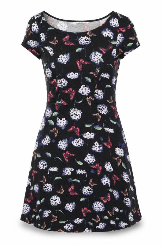 Oasis Womens Black Geometric Viscose A-Line Size M Round Neck Pullover - Flower Butterfly Print