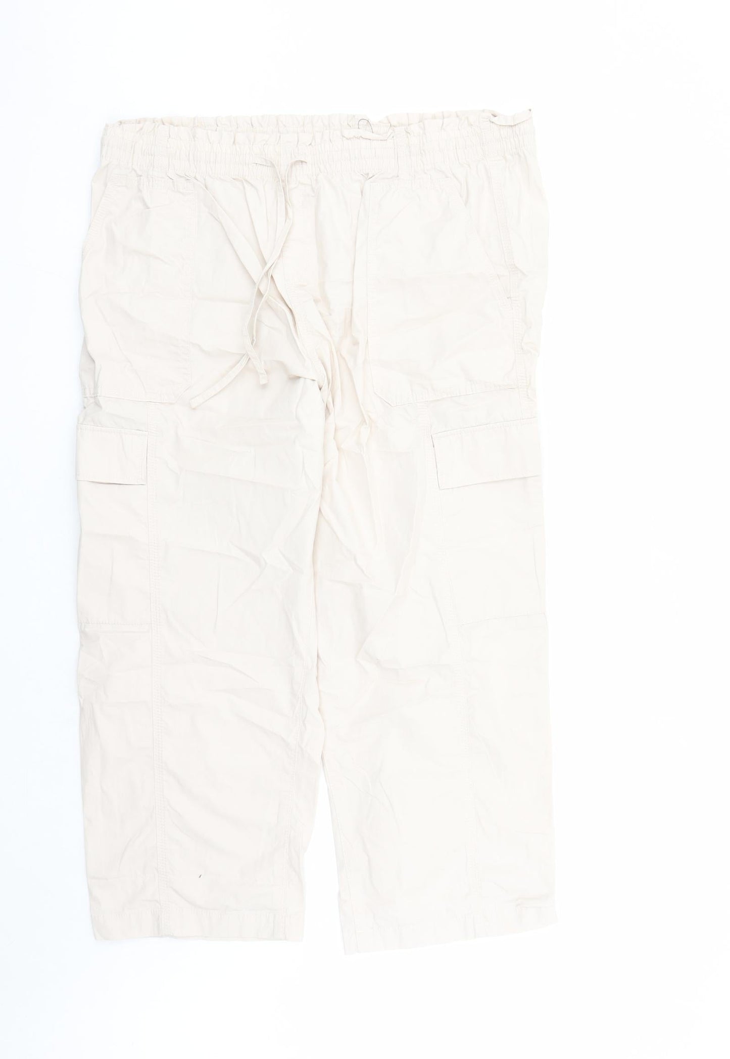 Marks and Spencer Womens Beige Cotton Cargo Trousers Size 20 L24 in Regular Drawstring - Elasticated Waist Pockets