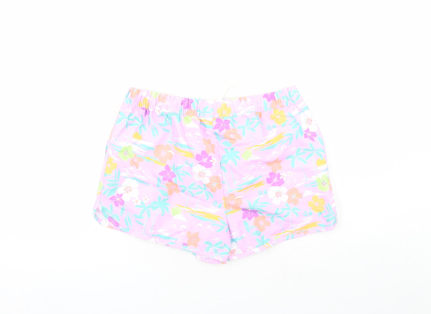 Marks and Spencer Boys Purple Floral Polyester Sweat Shorts Size 13-14 Years Regular Drawstring - Elasticated Waist Inside Leg 3 Inches
