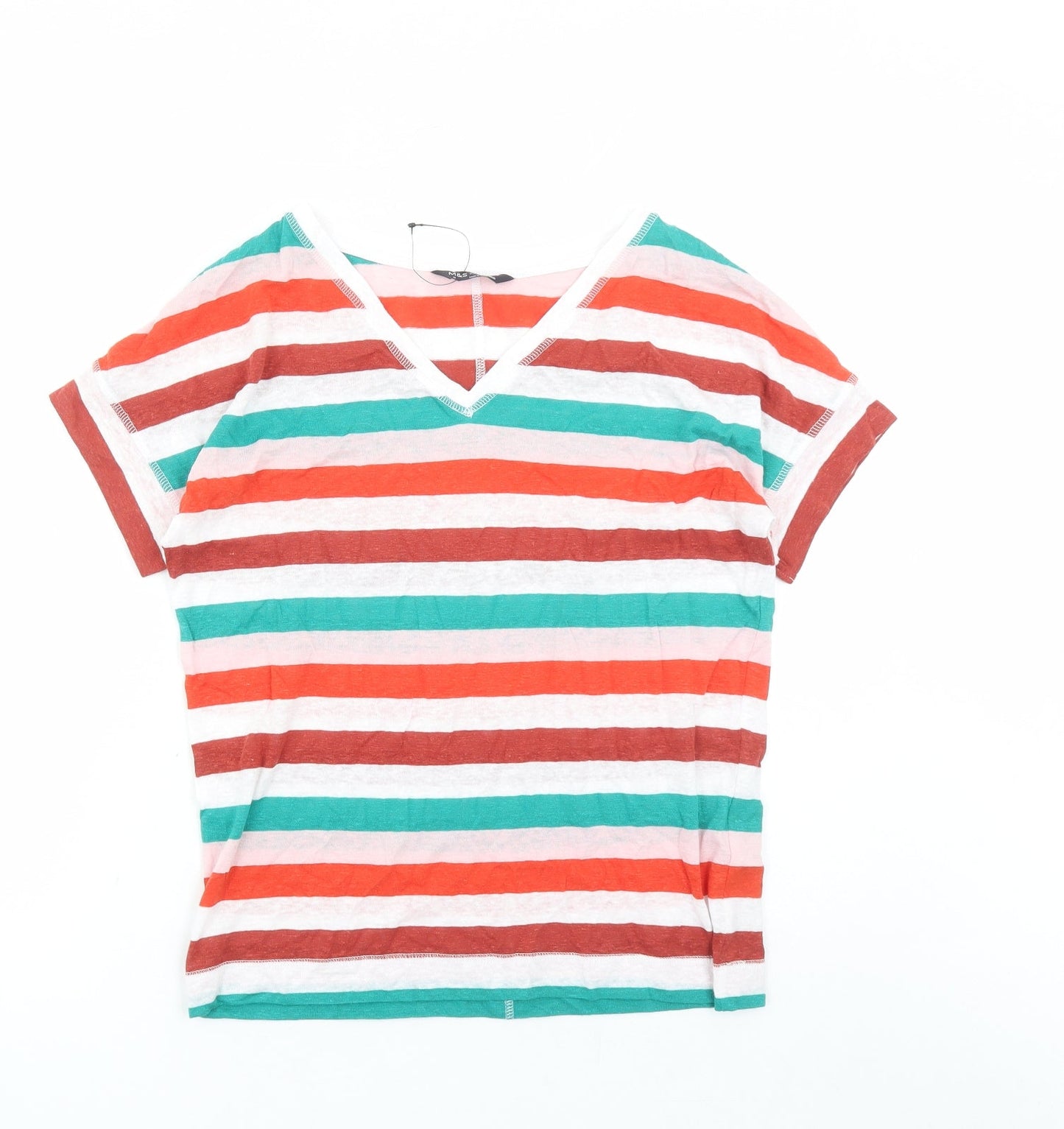 Marks and Spencer Womens Multicoloured Striped Flax Basic T-Shirt Size 8 V-Neck