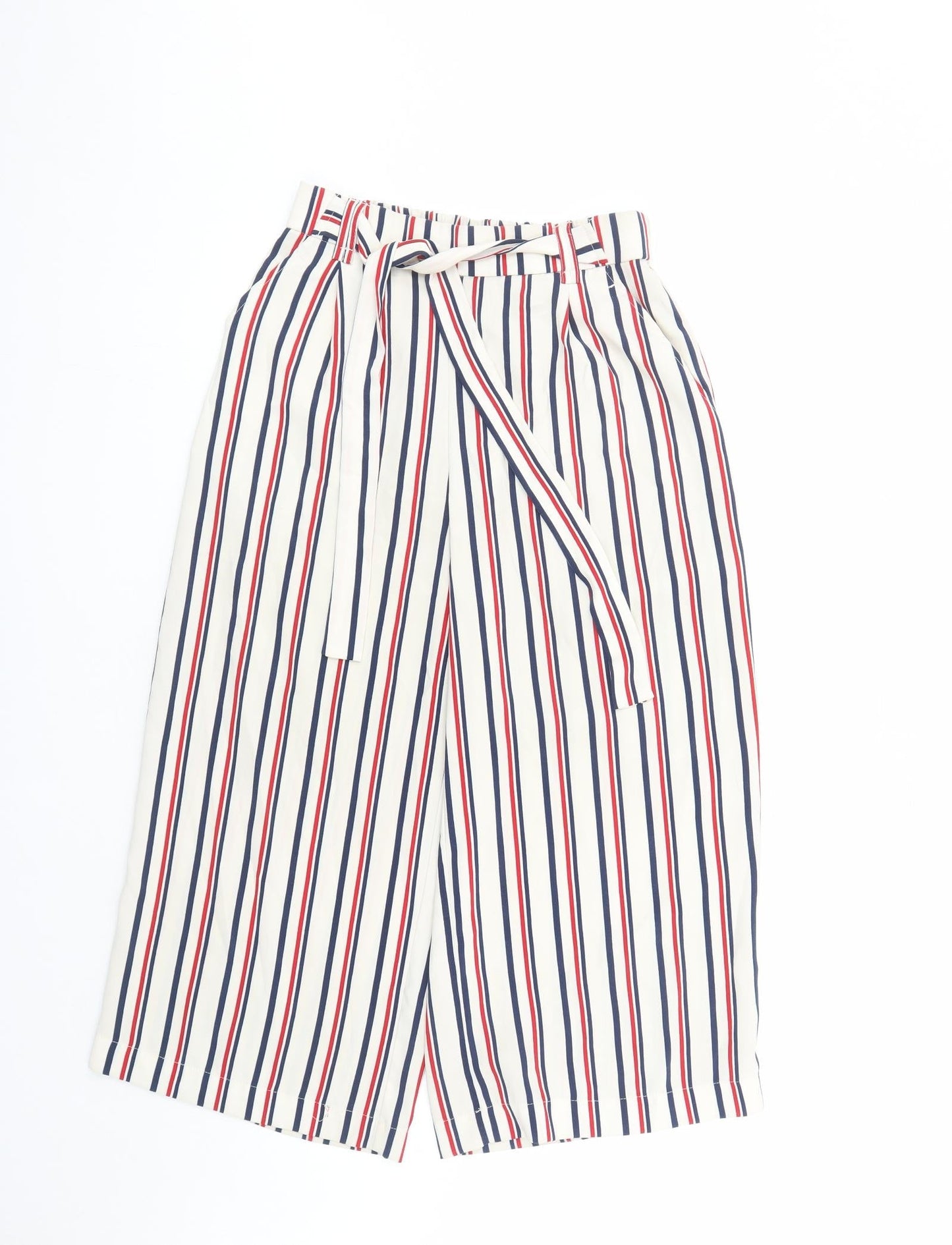Zara Womens Ivory Striped Polyester Cropped Trousers Size S L22 in Regular - Elasticated Waist Pockets