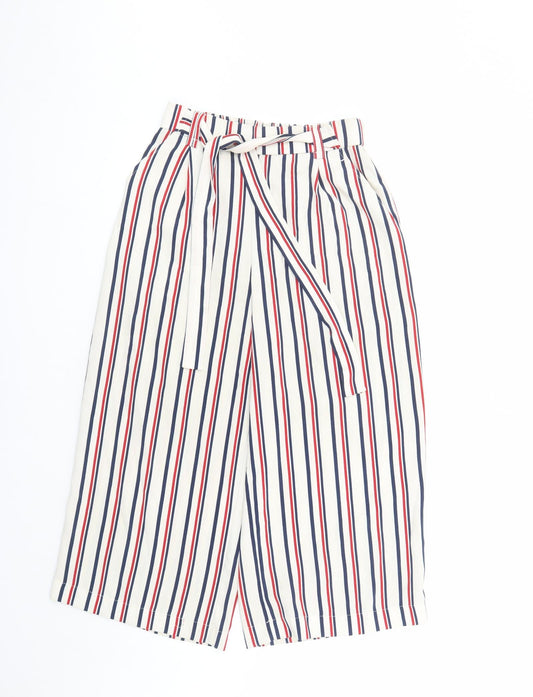 Zara Womens Ivory Striped Polyester Cropped Trousers Size S L22 in Regular - Elasticated Waist Pockets