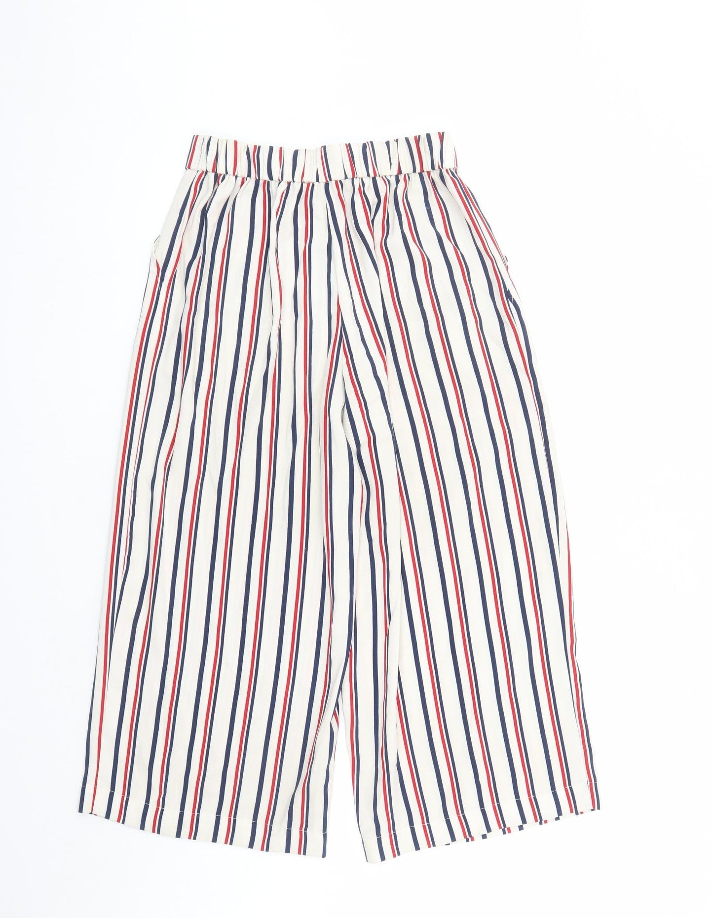 Zara Womens Ivory Striped Polyester Cropped Trousers Size S L22 in Regular - Elasticated Waist Pockets