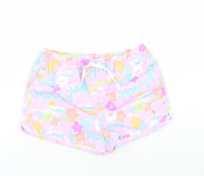 Marks & Spencer Boys Purple Floral Polyester Sweat Shorts Size 11-12 Years Regular Drawstring - Elasticated Waist Inside Leg 3 Inches
