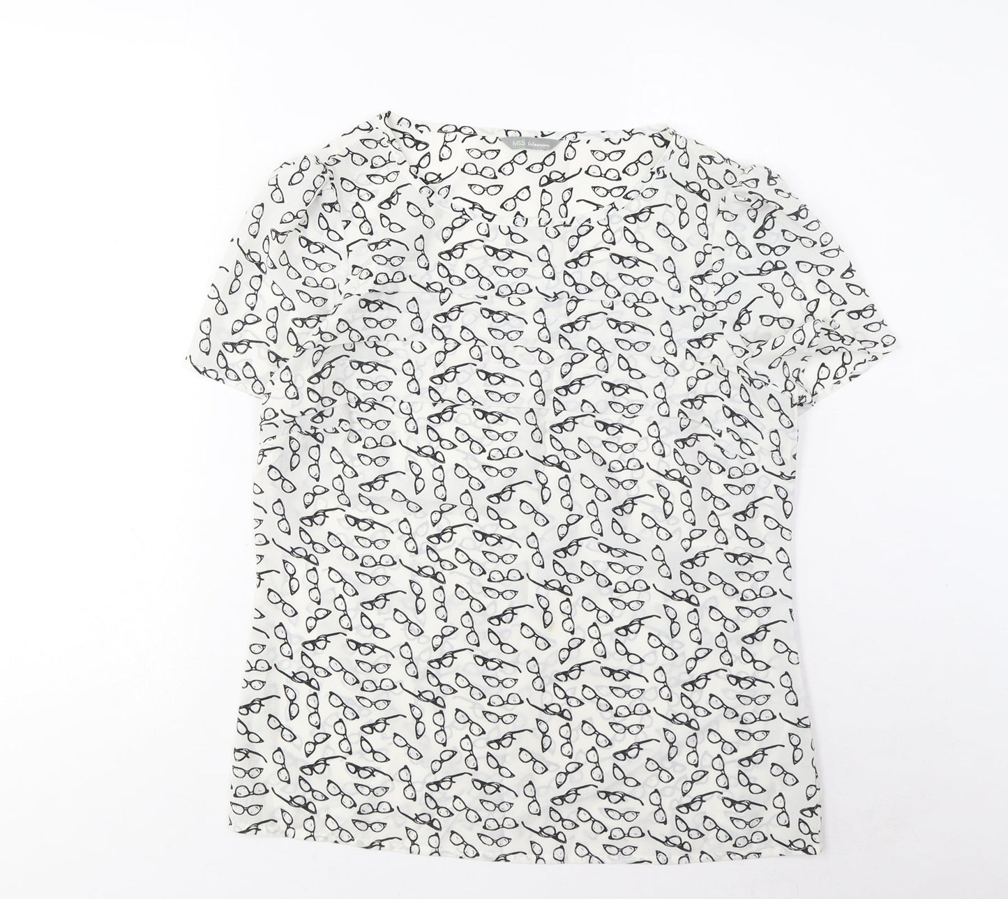 Marks and Spencer Womens White Geometric Polyester Basic T-Shirt Size 8 Boat Neck - Pleated
