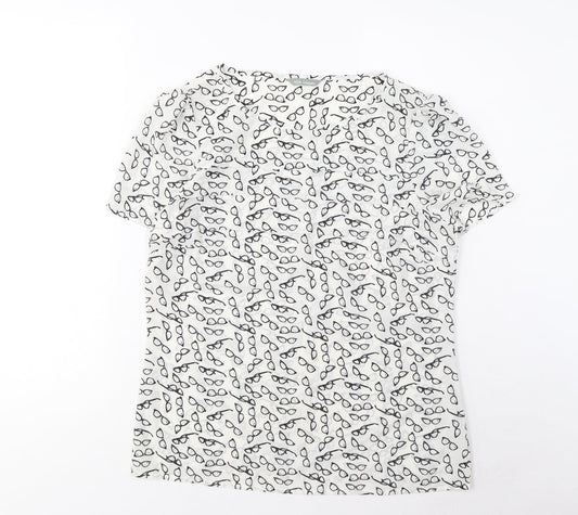Marks and Spencer Womens White Geometric Polyester Basic T-Shirt Size 8 Boat Neck - Pleated