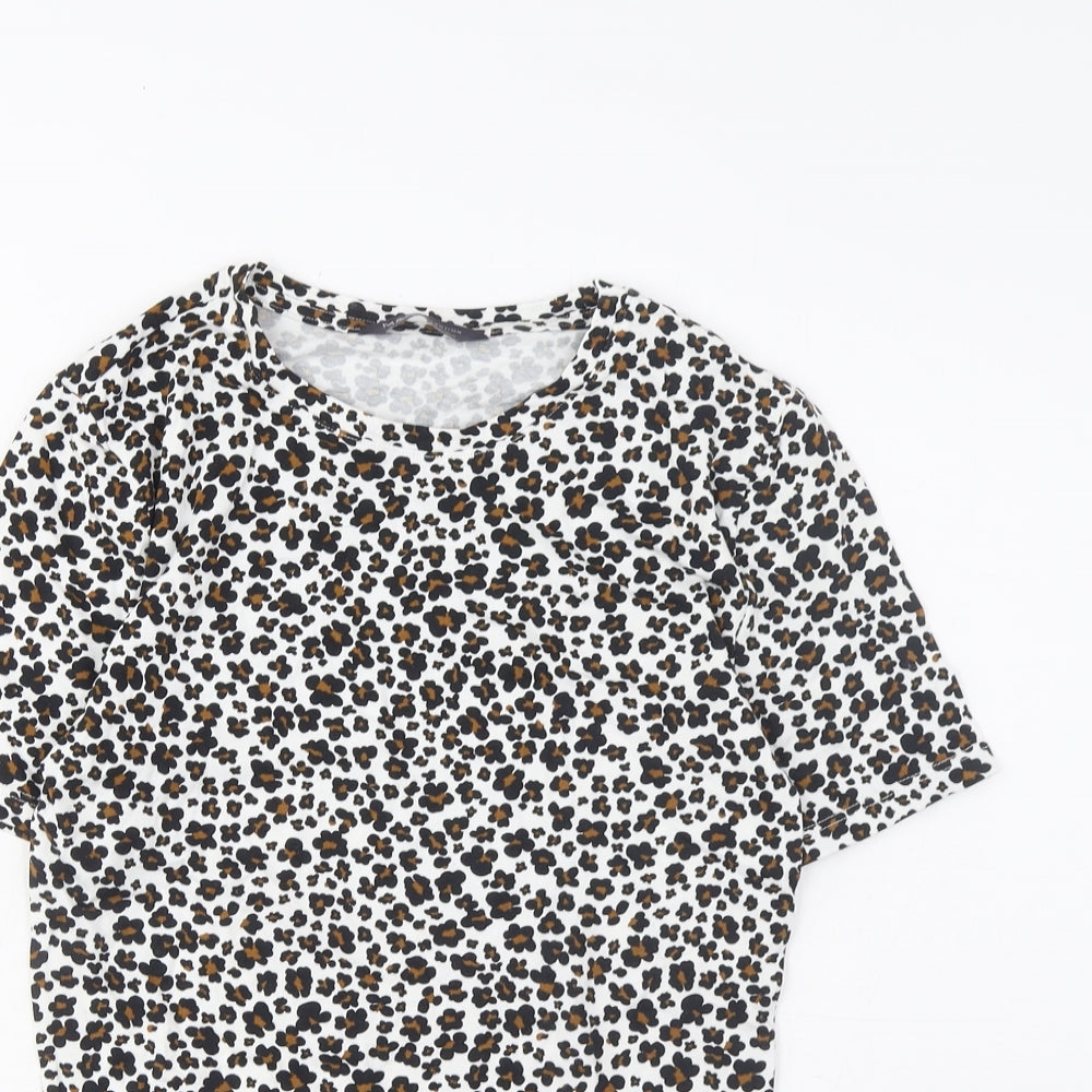Marks and Spencer Womens Brown Animal Print Cotton Basic T-Shirt Size 6 Crew Neck