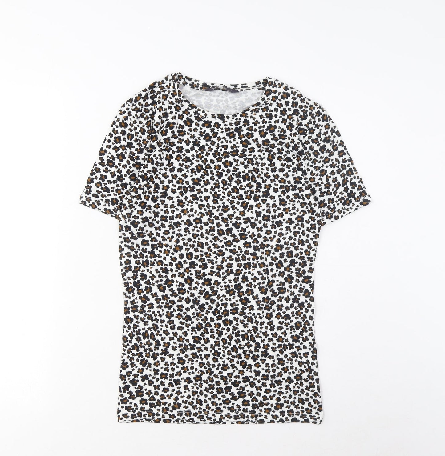 Marks and Spencer Womens Brown Animal Print Cotton Basic T-Shirt Size 6 Crew Neck