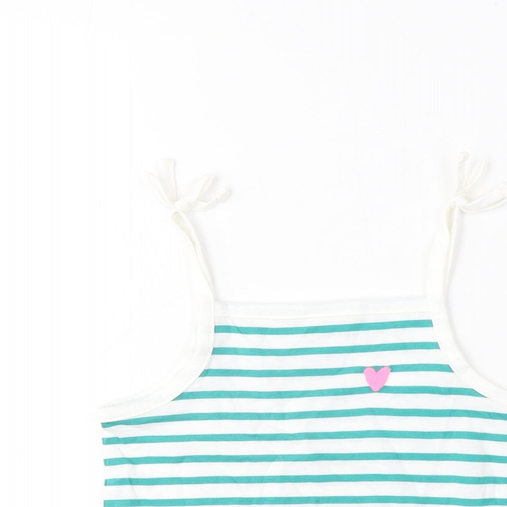 Marks and Spencer Girls Green Striped Cotton Cropped Tank Size 2-3 Years Square Neck Pullover - Embroidered, Heart