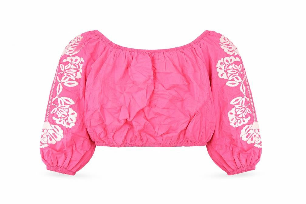 Marks and Spencer Womens Pink Cotton Cropped Blouse Size 20 Scoop Neck - Embroidered