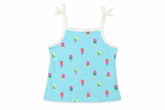 Marks and Spencer Girls Blue Geometric Cotton Basic Tank Size 2-3 Years Square Neck Pullover - Ice Lolly Print