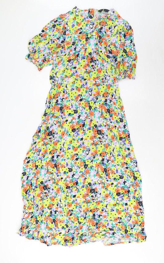 marks and Womens Multicoloured Floral Viscose A-Line Size 10 Crew Neck Zip
