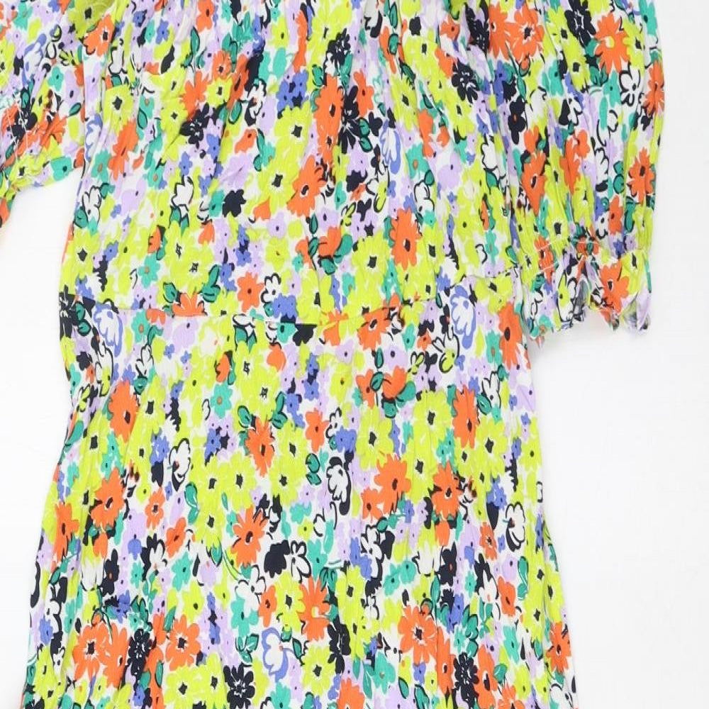 marks and Womens Multicoloured Floral Viscose A-Line Size 10 Crew Neck Zip