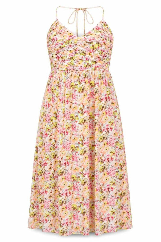 Marks and Spencer Womens Multicoloured Floral Polyester A-Line Size 16 Halter Tie - Pleated, Side Slit