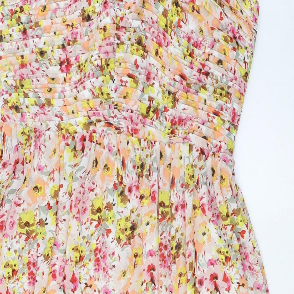 Marks and Spencer Womens Multicoloured Floral Polyester A-Line Size 16 Halter Tie - Pleated, Side Slit