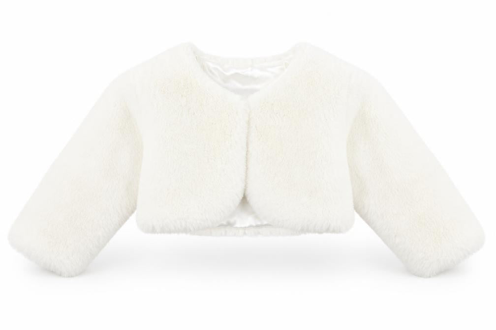 Front view of Cutey Couture girls’ ivory basic jacket jacket, size 6-9, months button - faux fur, size 6-12
