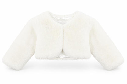 Front view of Cutey Couture girls’ ivory basic jacket jacket, size 6-9, months button - faux fur, size 6-12