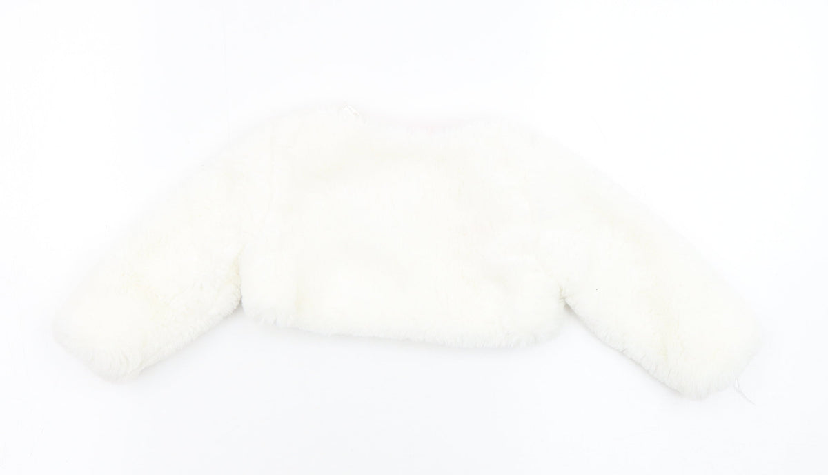 Back view of Cutey Couture girls’ ivory basic jacket jacket, size 6-9, months button - faux fur, size 6-12