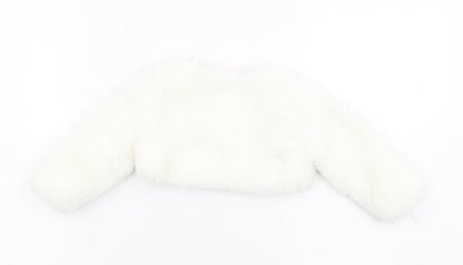 Back view of Cutey Couture girls’ ivory basic jacket jacket, size 6-9, months button - faux fur, size 6-12