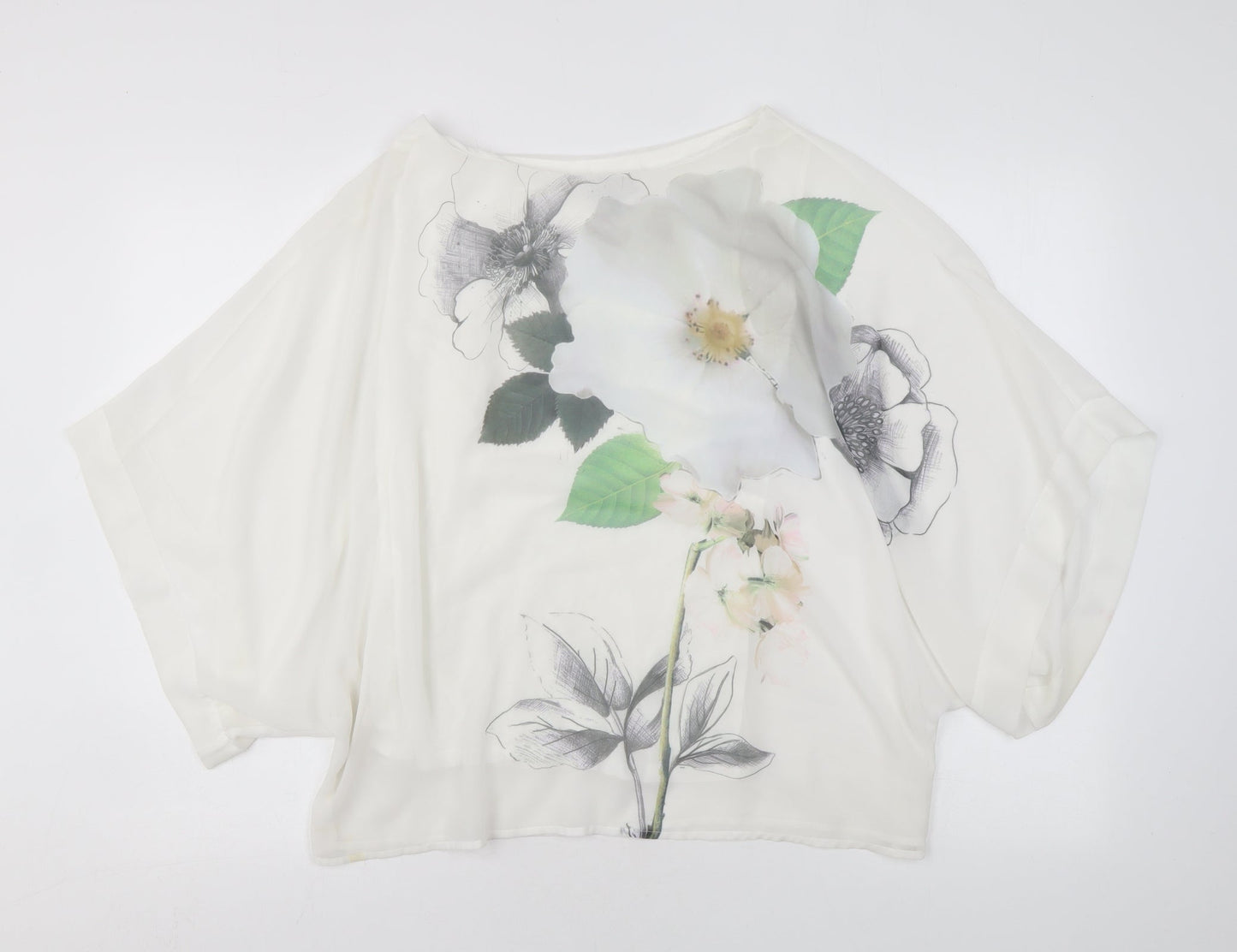 Phase Eight Womens White Floral Polyester Basic Blouse Size S Round Neck