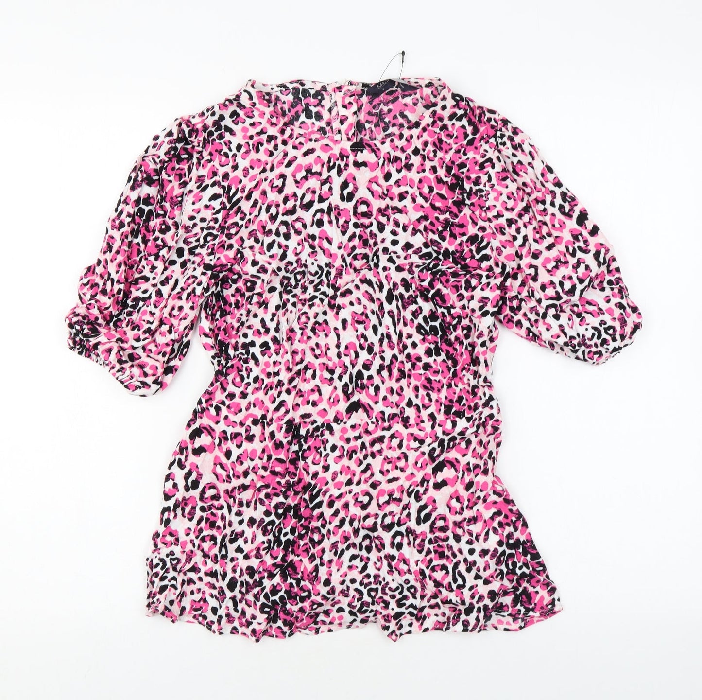 Marks and Spencer Womens Pink Animal Print Viscose Basic T-Shirt Size 8 Round Neck