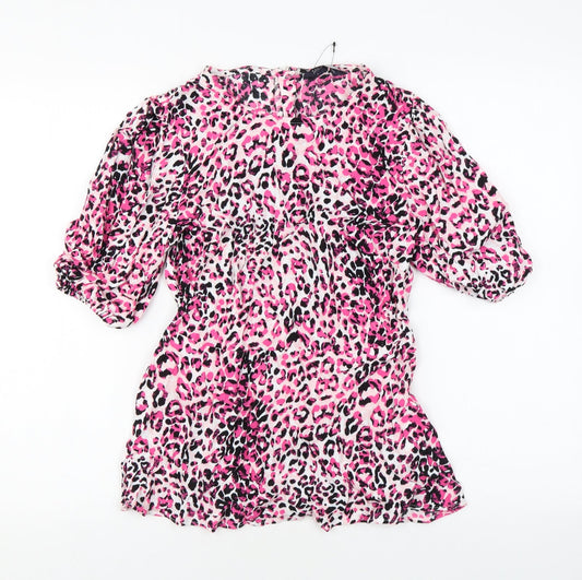 Marks and Spencer Womens Pink Animal Print Viscose Basic T-Shirt Size 8 Round Neck