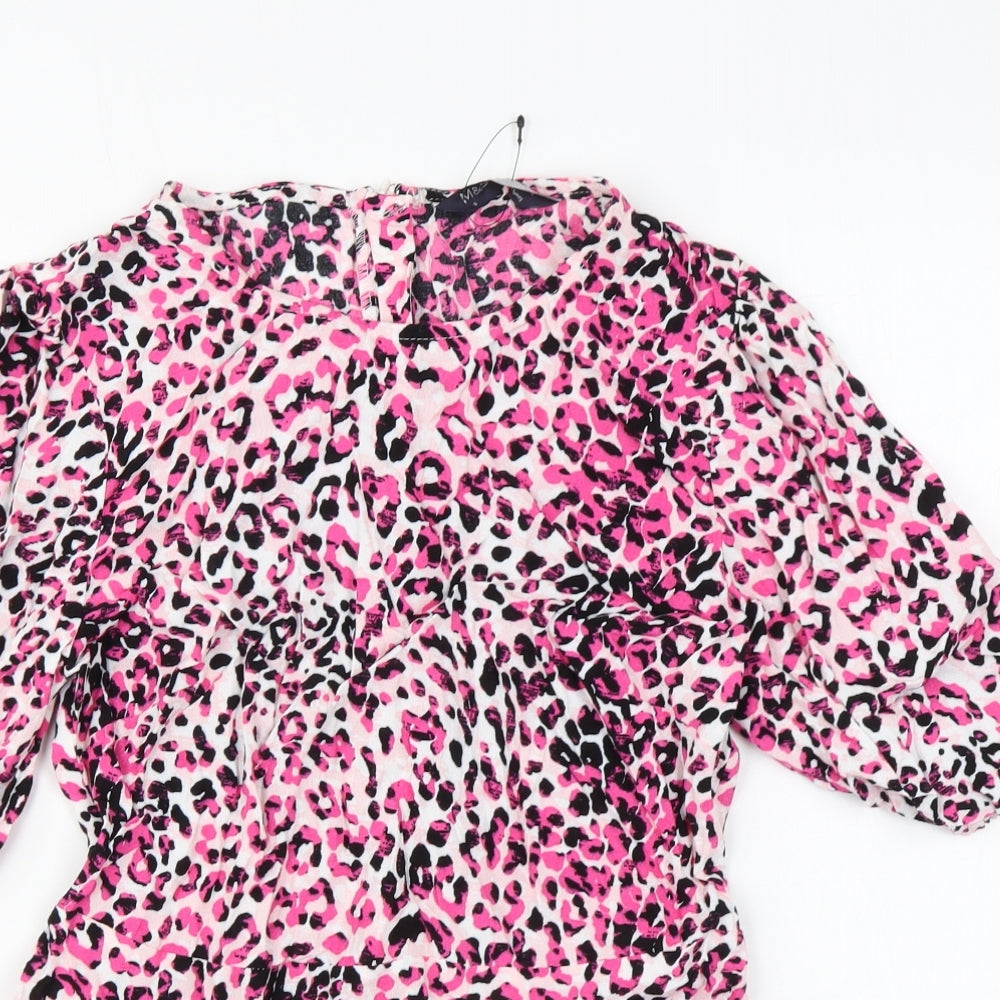 Marks and Spencer Womens Pink Animal Print Viscose Basic T-Shirt Size 8 Round Neck