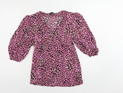Marks & Spencer Womens Pink Animal Print Viscose Basic Button-Up Size 8 V-Neck