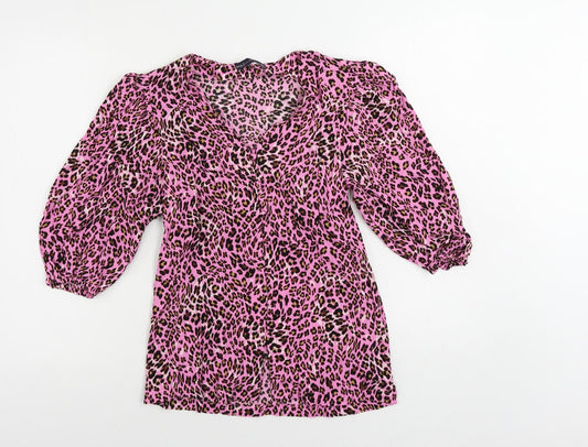 Marks and Spencer Womens Pink Animal Print Viscose Basic Button-Up Size 8 V-Neck