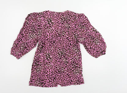 Marks & Spencer Womens Pink Animal Print Viscose Basic Button-Up Size 8 V-Neck