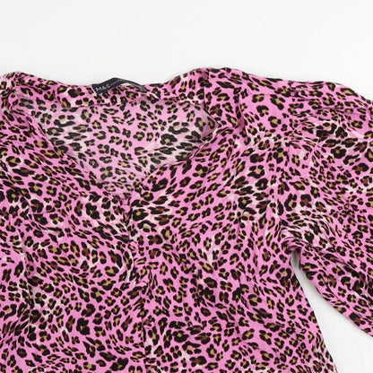 Marks & Spencer Womens Pink Animal Print Viscose Basic Button-Up Size 8 V-Neck