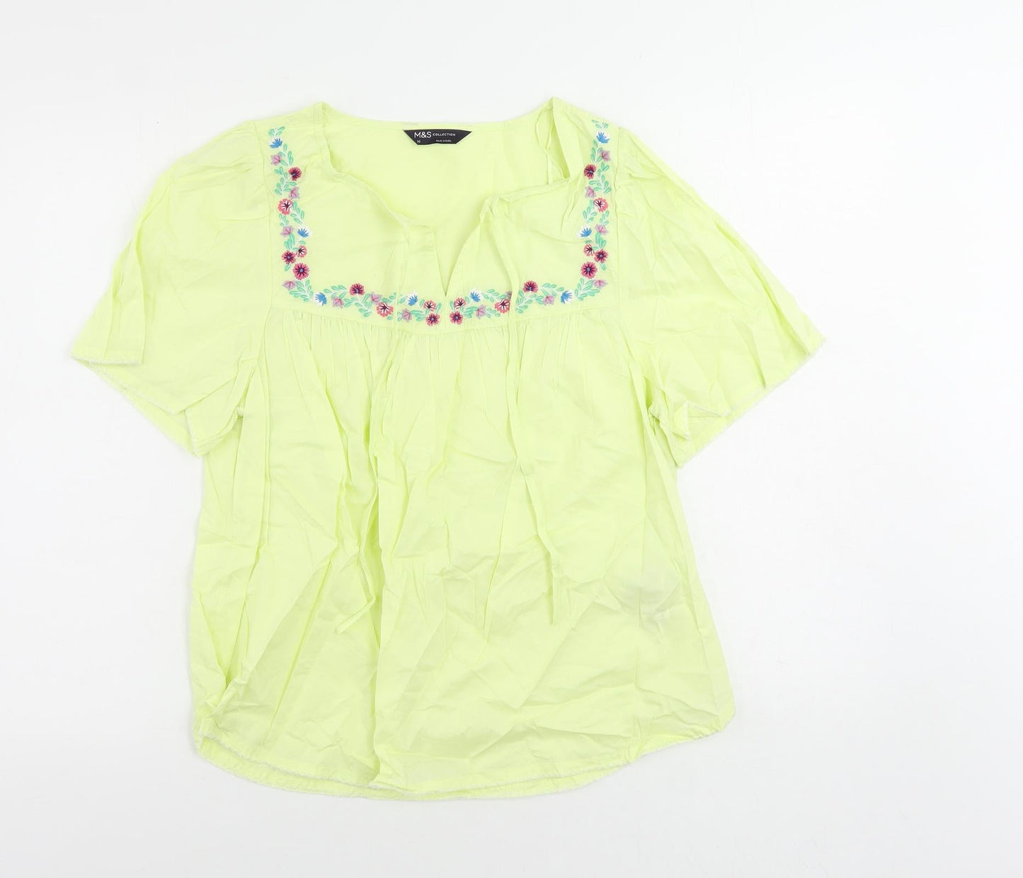 Marks and Spencer Womens Yellow Cotton Basic Blouse Size 10 V-Neck - Embroidered