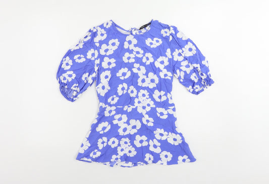 Marks and Spencer Womens Blue Floral Viscose Basic Blouse Size 6 Round Neck