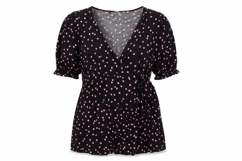 Marks & Spencer Womens Black Polka Dot Viscose Wrap Blouse Size 12 V-Neck