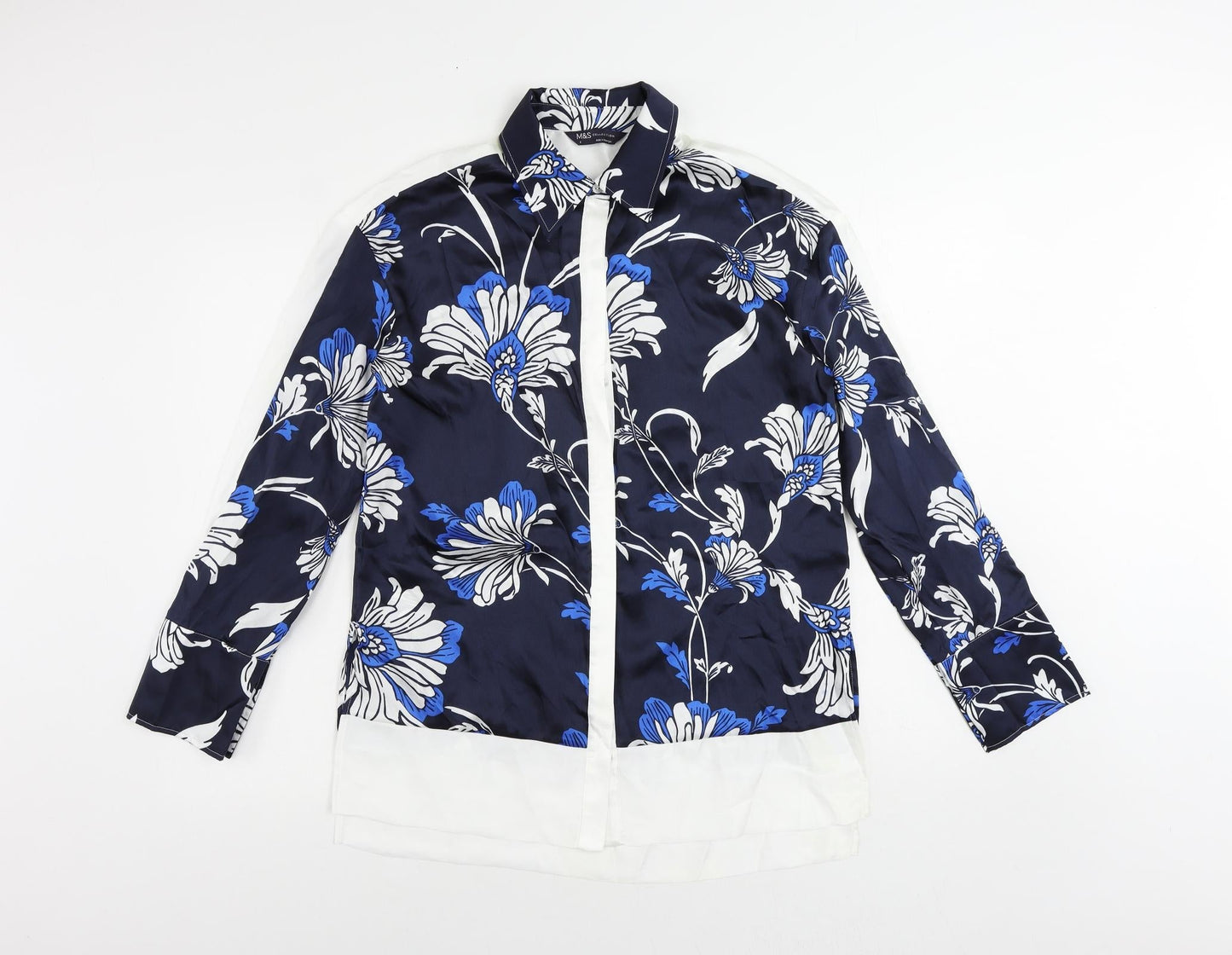 Marks and Spencer Womens Blue Floral Polyester Tunic Button-Up Size 8 Collared