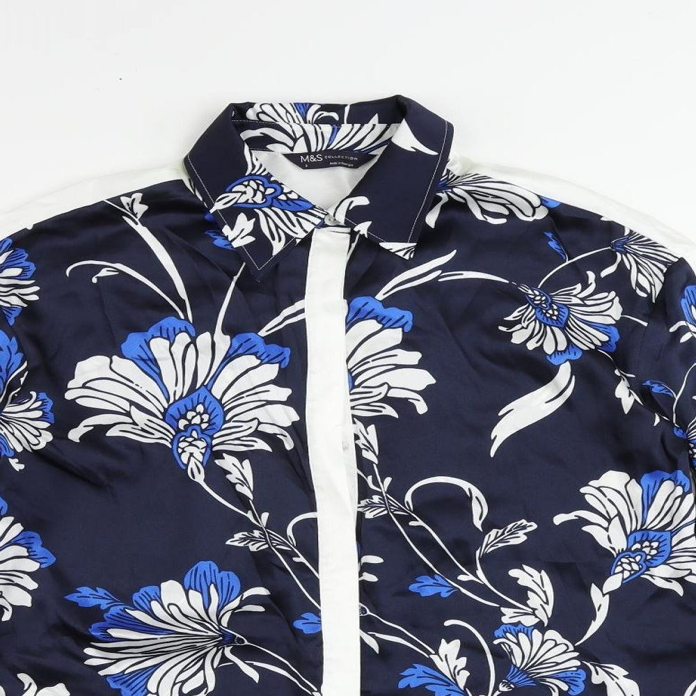 Marks and Spencer Womens Blue Floral Polyester Tunic Button-Up Size 8 Collared