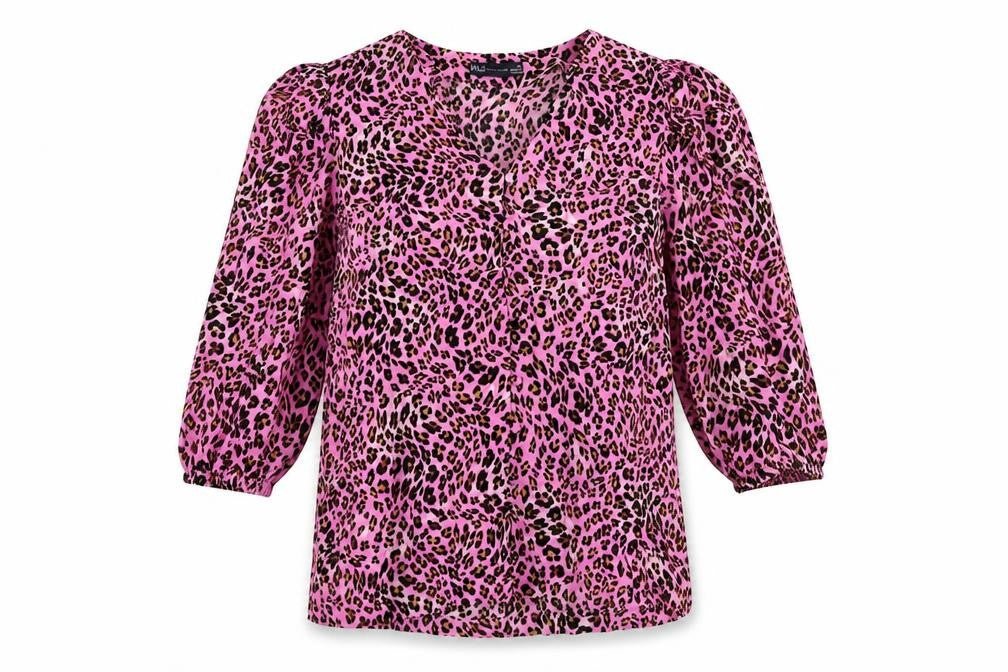 Marks & Spencer Womens Pink Animal Print Viscose Basic Button-Up Size 6 V-Neck